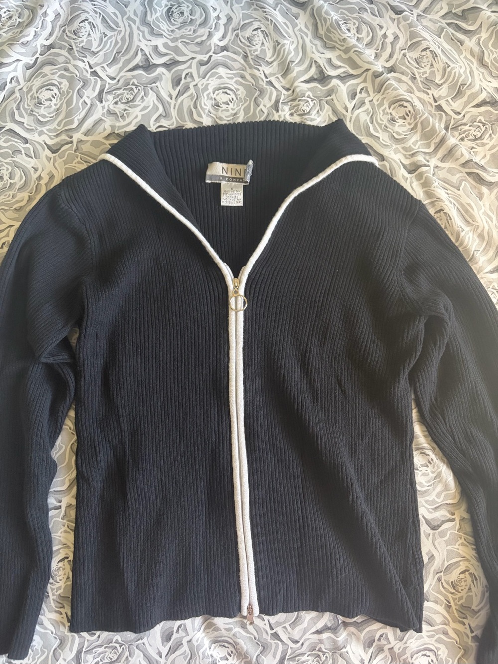 Nine West Black Zip-Front Sweater Cardigan with White Trim